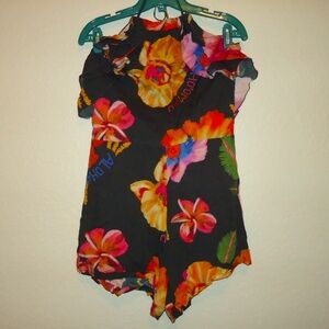 VERSOS DENIM HAWAIIAN Women's Tropikal Floral Overalls Size-M